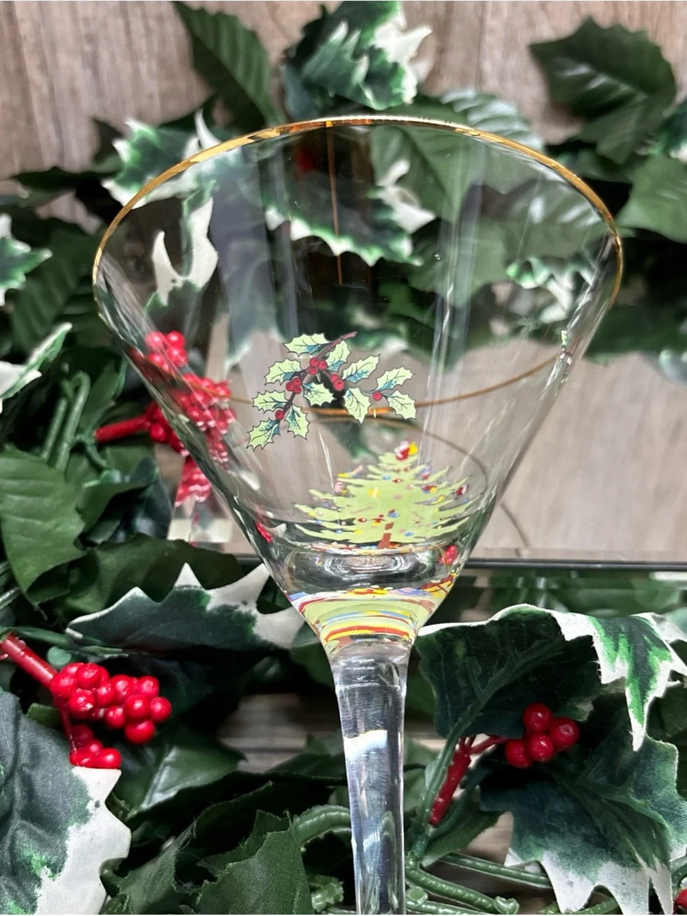 Spode Christmas Tree Martini Glass Gold Rim Single Stem Set Of 2Holidaycheer